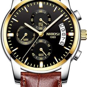 NIBOSI Mens Chronograph Quartz Watch with Leather Steel Strap 2353 Brown Black